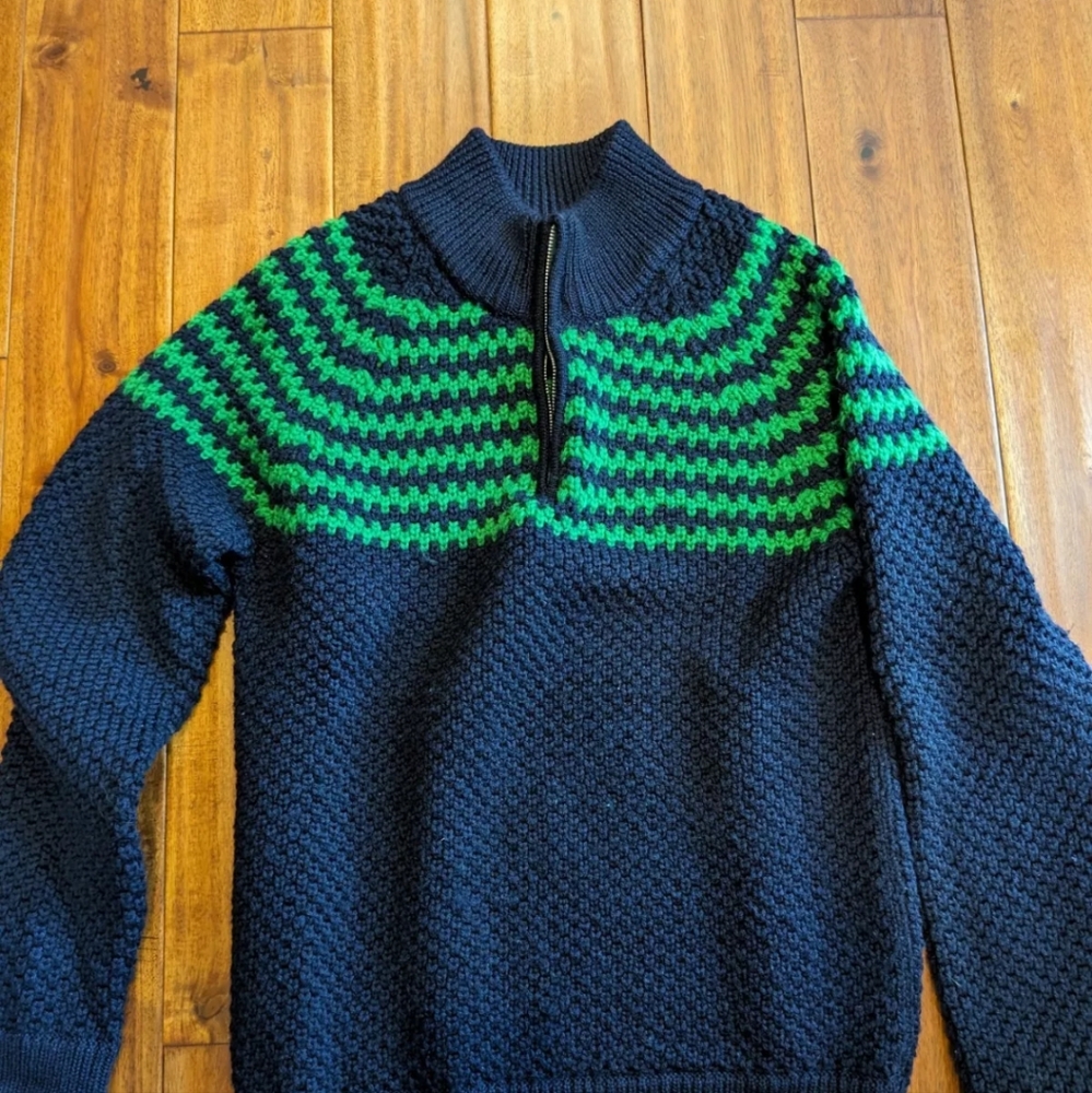 Relwen Navy Blue Green Sweater Mercerized Wool EUC 1/4 zip